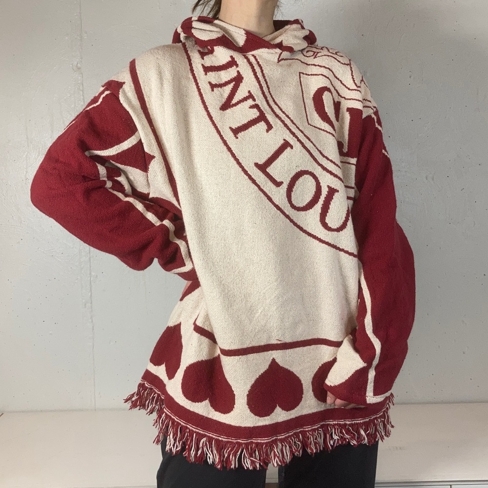 Vintage Rework Red + White Hearts Tapestry Blanket Hooded Sweatshirt